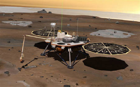 This artist's conception shows NASA's Phoenix Mars Lander as it monitors the atmosphere overhead with a laser radar and reaches out to the soil below with the spacecraft fully deployed on the surface of Mars. 